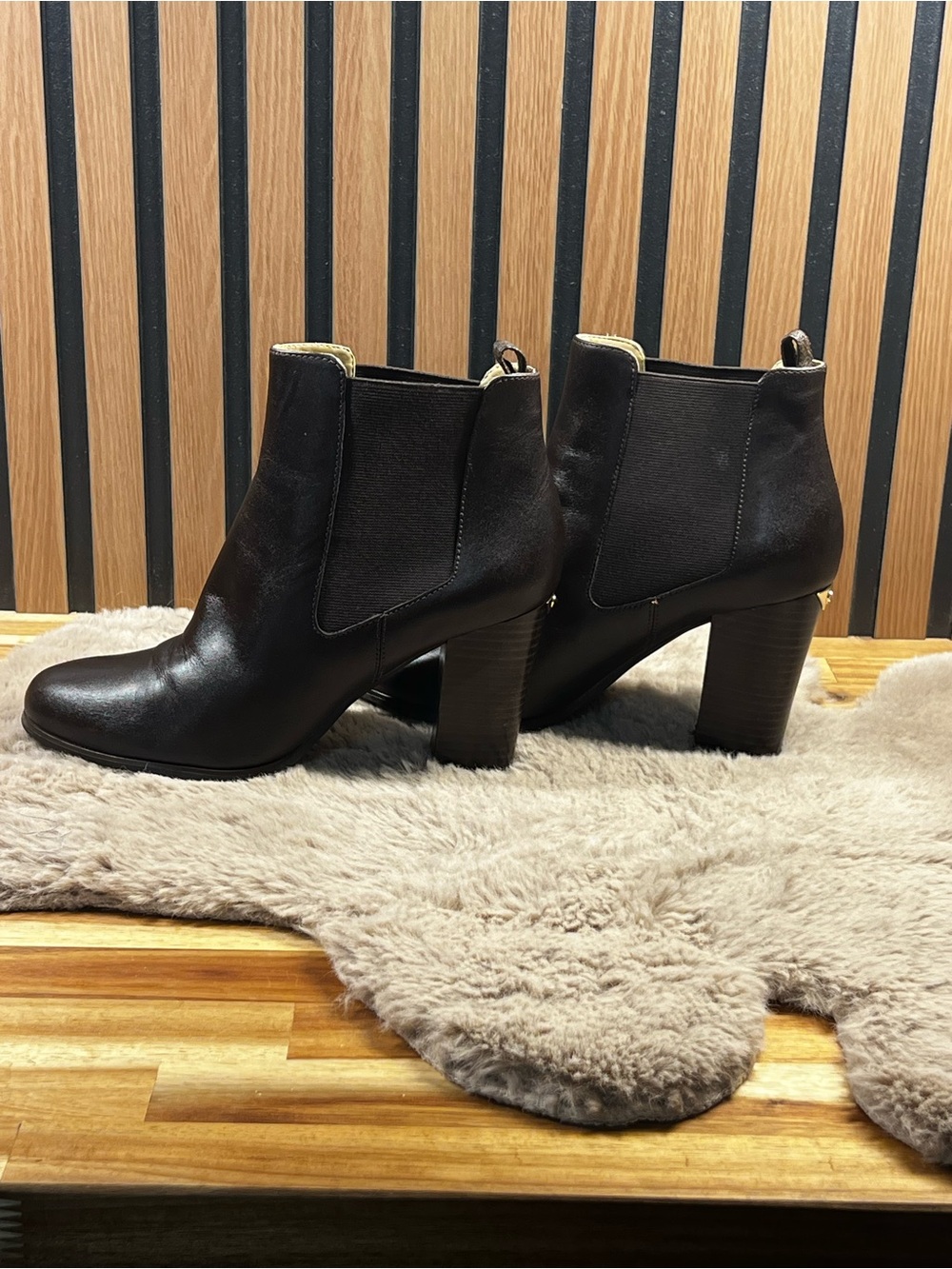 Michael Kors Lottie Leather Ankle Booties Brown Block Heel Size 8M